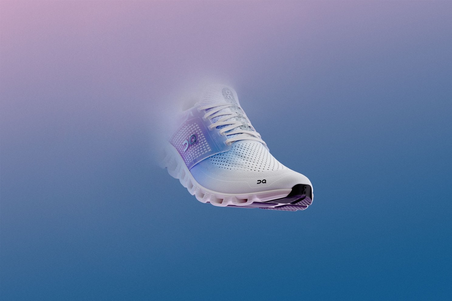 White colored On presented running shoe against purple and blue background